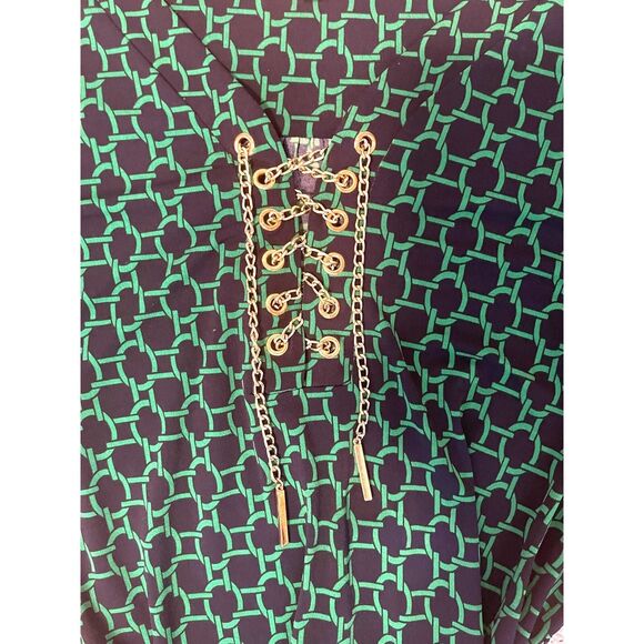 Spense Navy and Green Tie‎ Waist Gold Chain Lace Up Spandex Blend Dress Size S - Picture 7 of 15